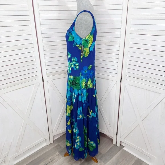 New Directions Tropical Flower Print Tiered Maxi Slip Dress Blue Green 10 - Picture 2 of 11